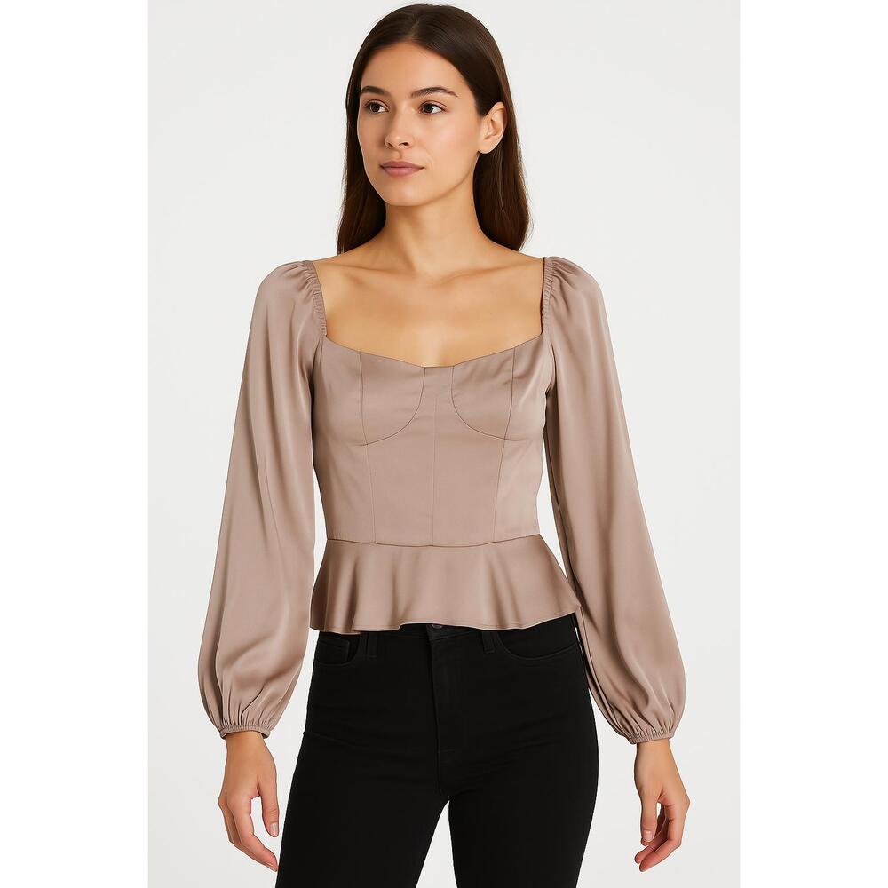 ASTR The Label Blouse Womens‎ Small Taupe Peplum Long Sleeves Square Neckline